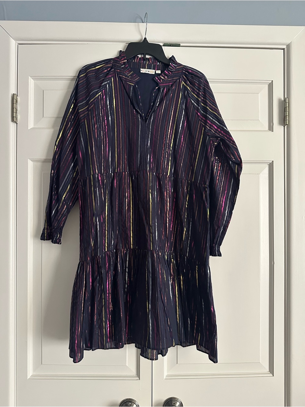 Roller Rabbit Navy Tiered Dress with Pink & Gold Stripes